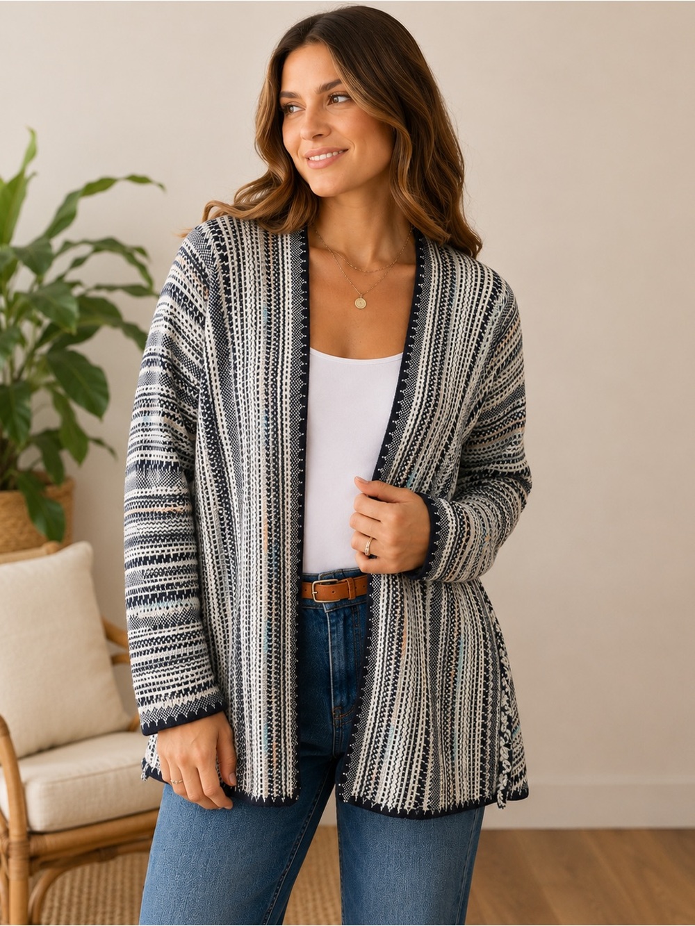Lucky Brand Navy & Cream Striped‎ Open-Front Cardigan